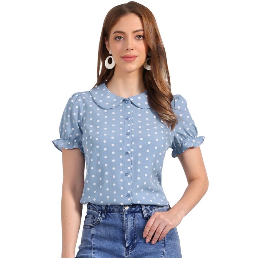 Polka Dots Shirt Short Puff Sleeve Peter Pan Collar Blouse Tops Gray Blue